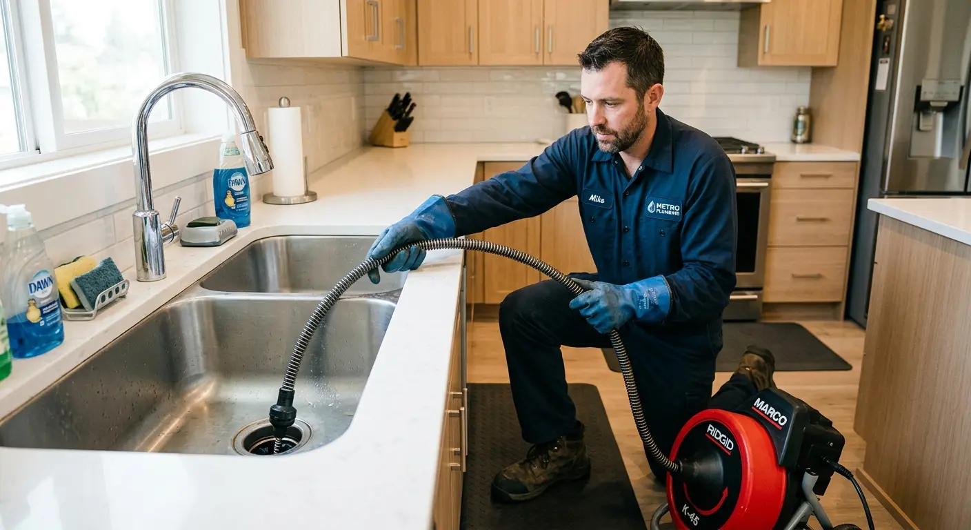 Drain cleaning technician using a motorized snake on a kitchen sink in Mansfield