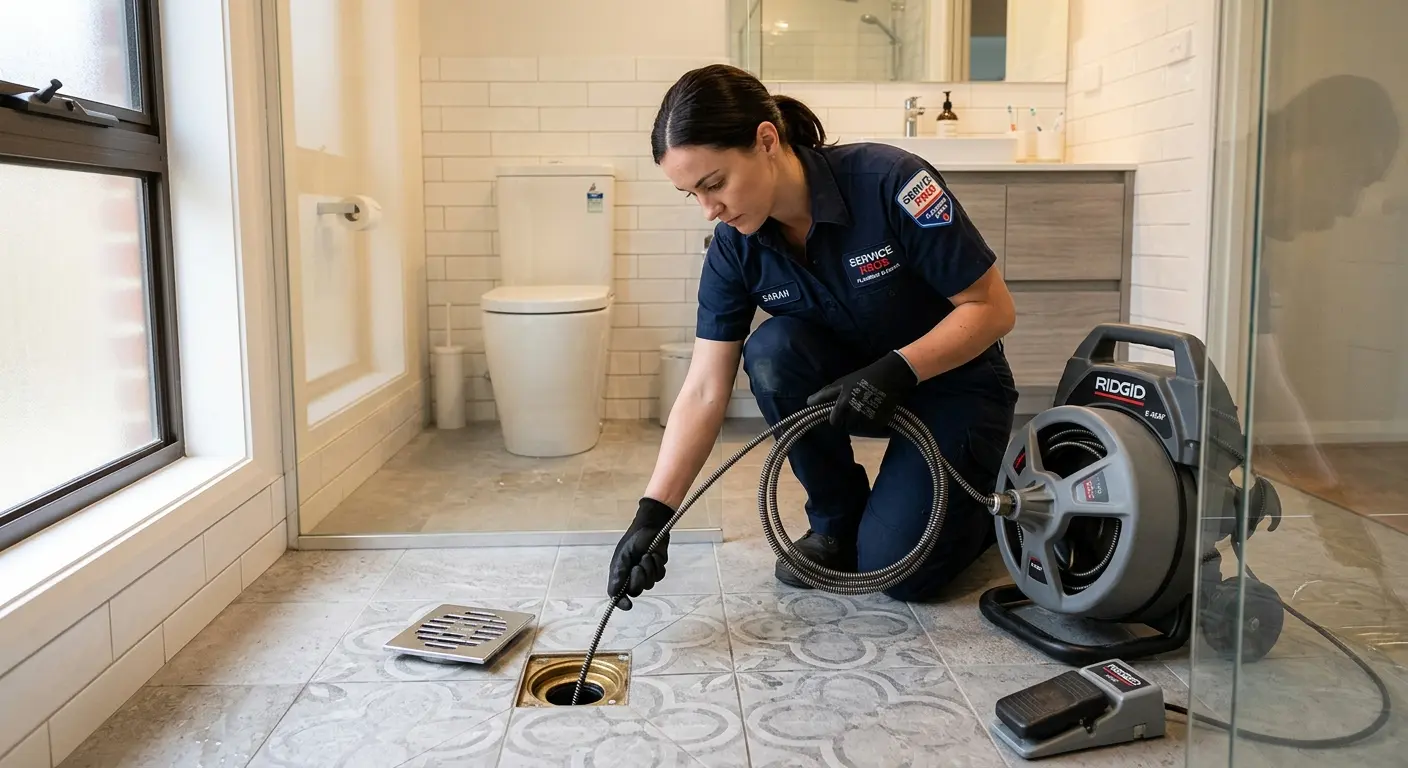 Technician clearing a bathroom floor drain for Hydro Jetting in Mansfield
